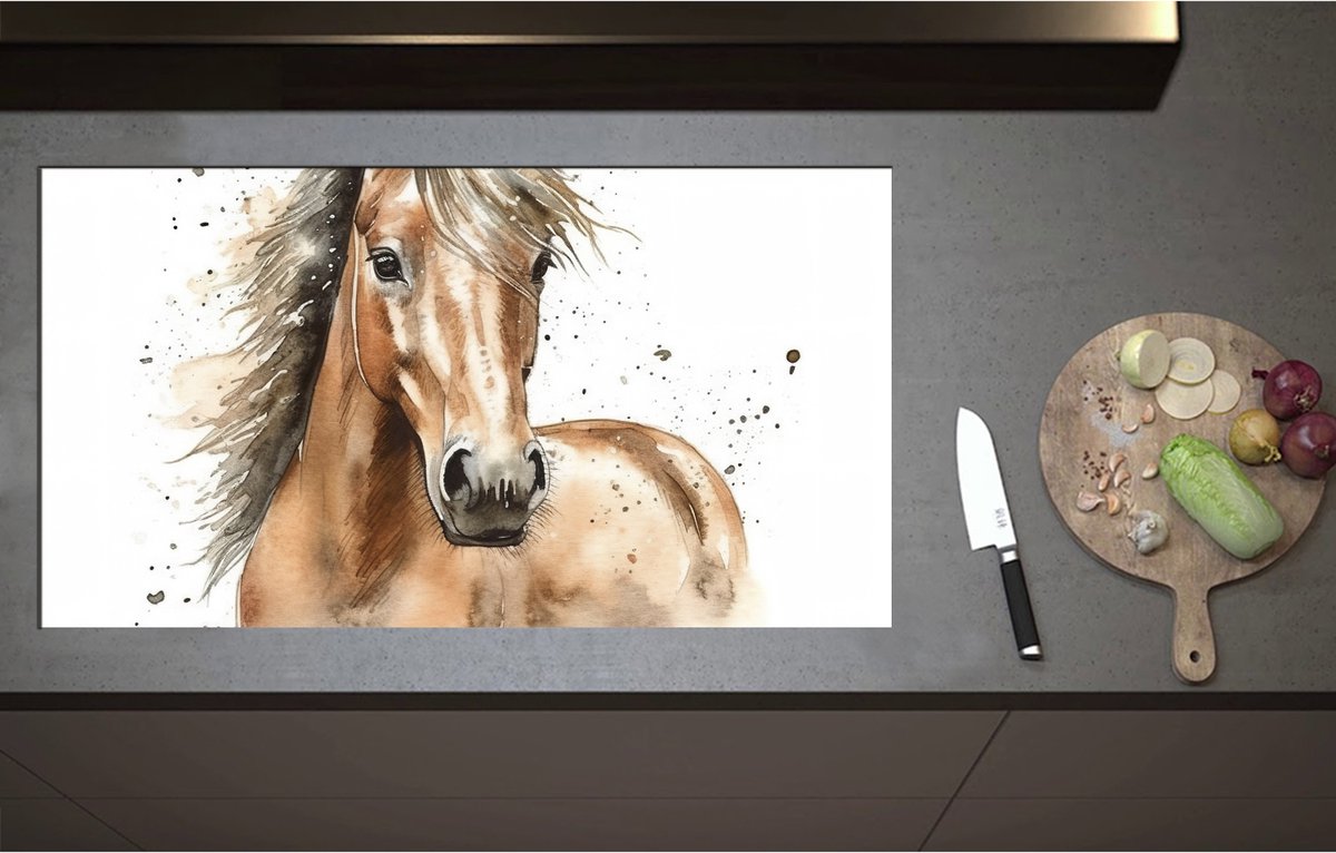 Inductieplaat Beschermer - Acryl Tekening van Kop en Hals van Bruin Paard - 95x52 cm - 2 mm Dik - Inductie Beschermer - Bescherming Inductiekookplaat - Kookplaat Beschermer van Wit Vinyl