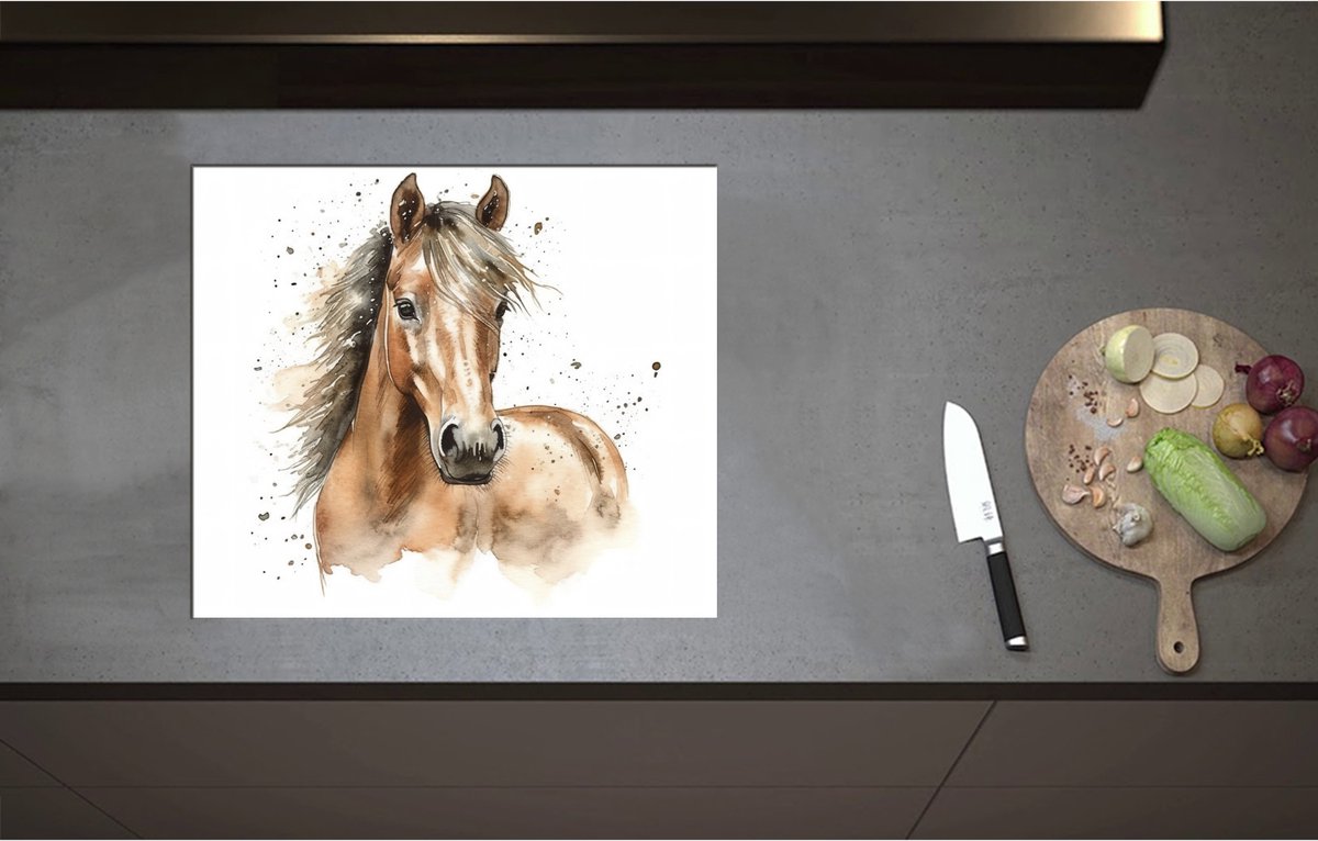 Inductieplaat Beschermer - Acryl Tekening van Kop en Hals van Bruin Paard - 60x52 cm - 2 mm Dik - Inductie Beschermer - Bescherming Inductiekookplaat - Kookplaat Beschermer van Wit Vinyl
