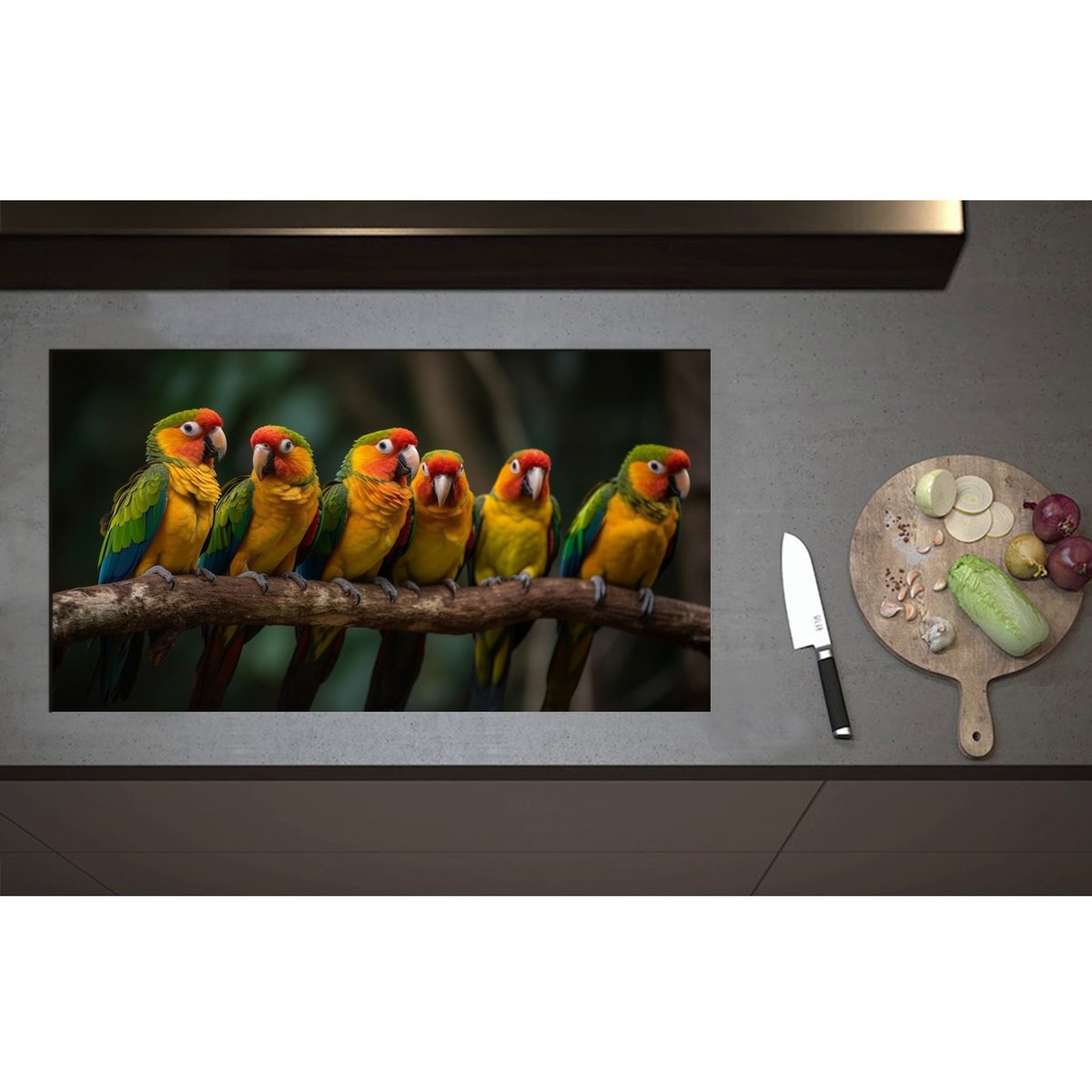 Inductieplaat Beschermer - Ara papegaaien zitten op een rijtje langs elkaar op een tak - 90x50 cm - 2 mm Dik - Inductie Beschermer - Bescherming Inductiekookplaat - Kookplaat Beschermer van Zwart Vinyl