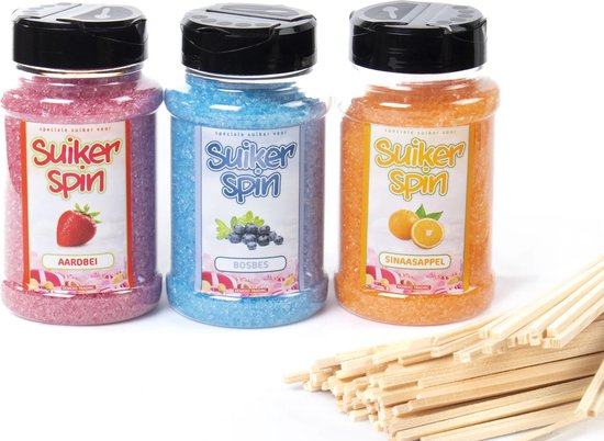 Accessoire voor suikerspinmachine - Suikerspinsuiker fruitmix 2 - 3 x pot á 400 gram - incl. ± 100 stokjes — afbeelding 3