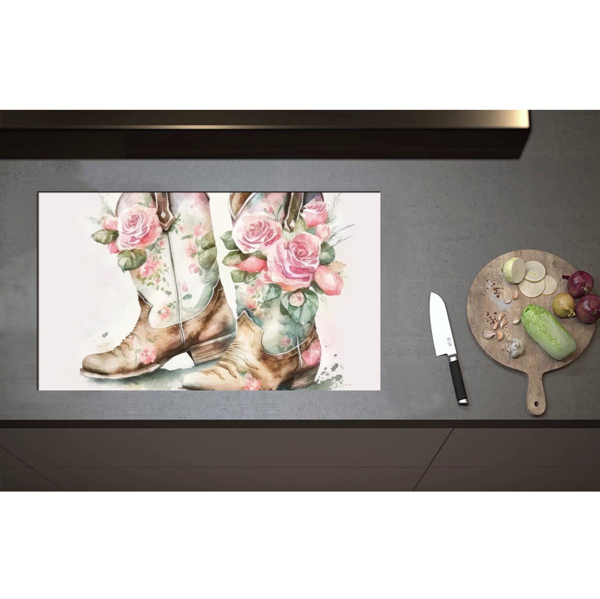 Inductieplaat Beschermer - Acryl Tekening van Cowboy Boots Versierd met Bloemen - 85x50 cm - 2 mm Dik - Inductie Beschermer - Bescherming Inductiekookplaat - Kookplaat Beschermer van Zwart Vinyl