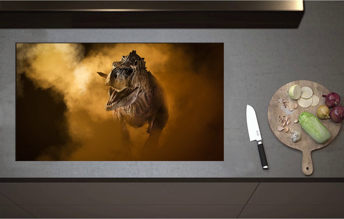Inductieplaat Beschermer - Angstaanjagend T-rex Dinosaurs vanuit Oranje Mist - 90x52 cm - 2 mm Dik - Inductie Beschermer - Bescherming Inductiekookplaat - Kookplaat Beschermer van Zwart Vinyl