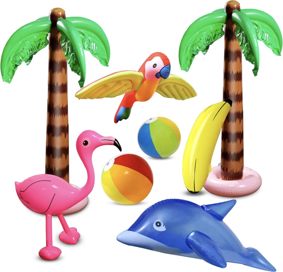 8 Stuks Opblaasbare Palmbomen Flamingo Speelgoed Opblaasbare Banaan Strand Ballen Vliegende Papegaai Dolfijn voor Hawaii Party Luau Party Decor Strand achtergrond - 