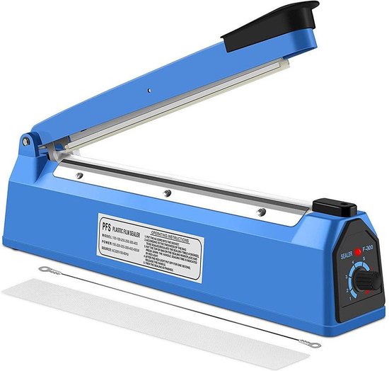 Machine de scellage bleue, 300 mm, avec minuterie réglable de 1 à 8 secondes.