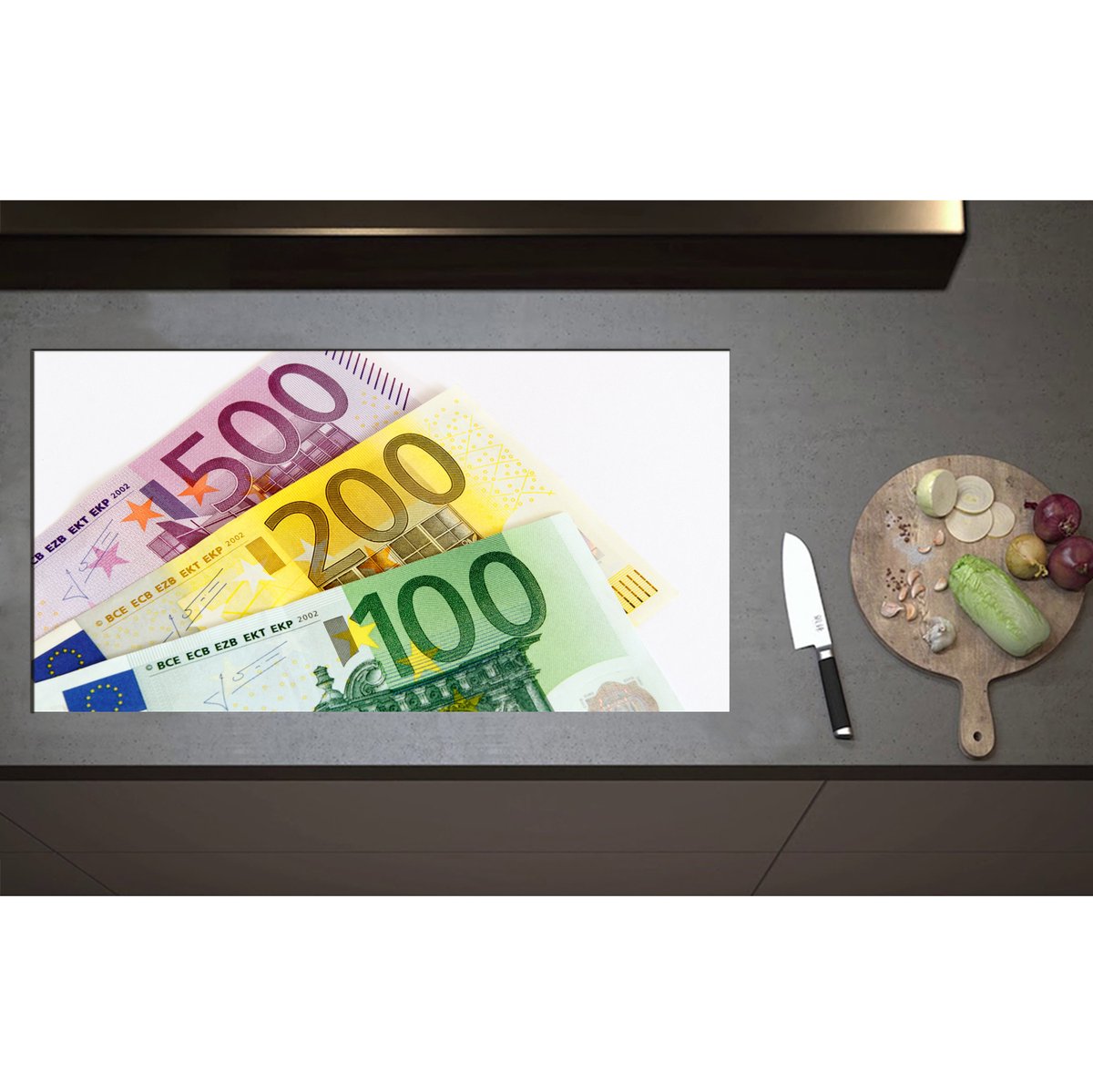 Inductieplaat Beschermer - 500, 200 en 100 euro biljet - 95x50 cm - 2 mm Dik - Inductie Beschermer - Bescherming Inductiekookplaat - Kookplaat Beschermer van Zwart Vinyl