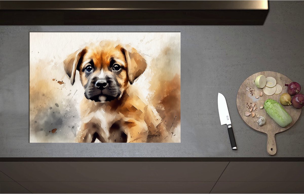 Inductieplaat Beschermer - Aquarel Tekening van Bruine Puppy - 75x55 cm - 2 mm Dik - Inductie Beschermer - Bescherming Inductiekookplaat - Kookplaat Beschermer van Zwart Vinyl