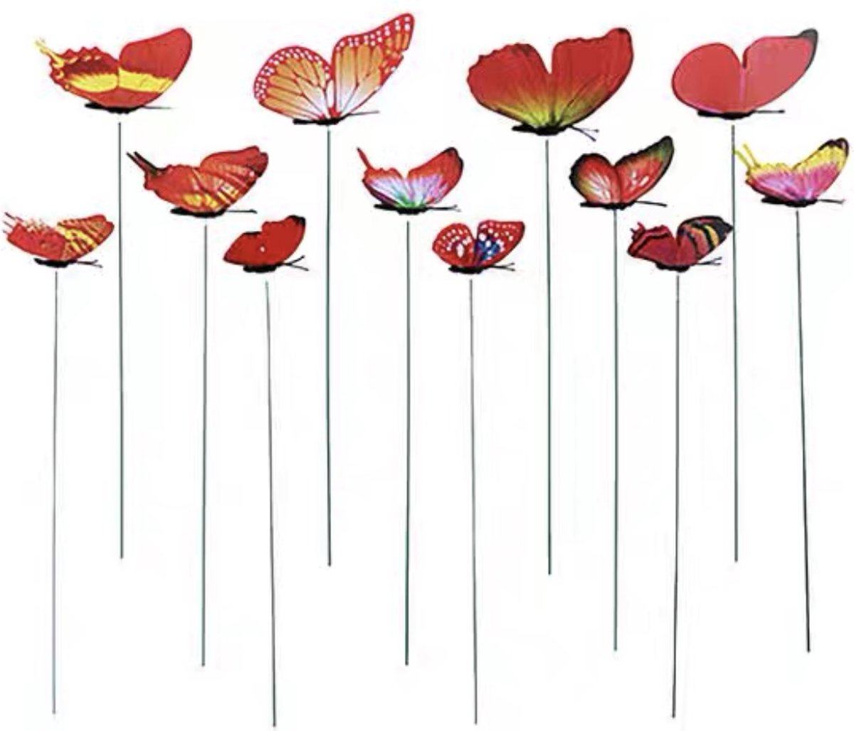12 vrolijke vlinders op stokken / tuindecoratie / zowel binnen als buiten / vermiljoen