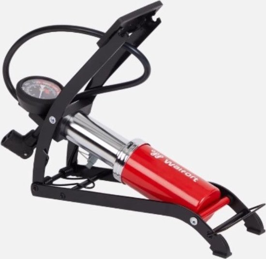 Zwarte, inklapbare fietspomp met rode cilinder en een drukmeter.