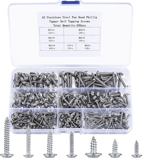 180Pcs M3 M4 M5 M6 Rvs Platte Kop Zelftappende Schroeven Assortiment Set Kruis Platte Kop Schroeven voor Dek Gipsplaten Beton Plaatwerk