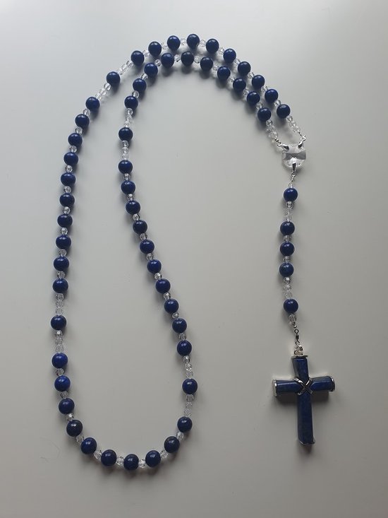 Rozenkrans, Paternoster geheel gemaakt met Lapis Lazuli (halfedelsteen) en Kristallen kralen, met een kruis van lapis lazuli (gebedssnoer, kruisteken, Meditatie, spiritueel, geloof, geloofsteken, Cadeau, ketting, Swarovski kruis, gebedsketting, k
