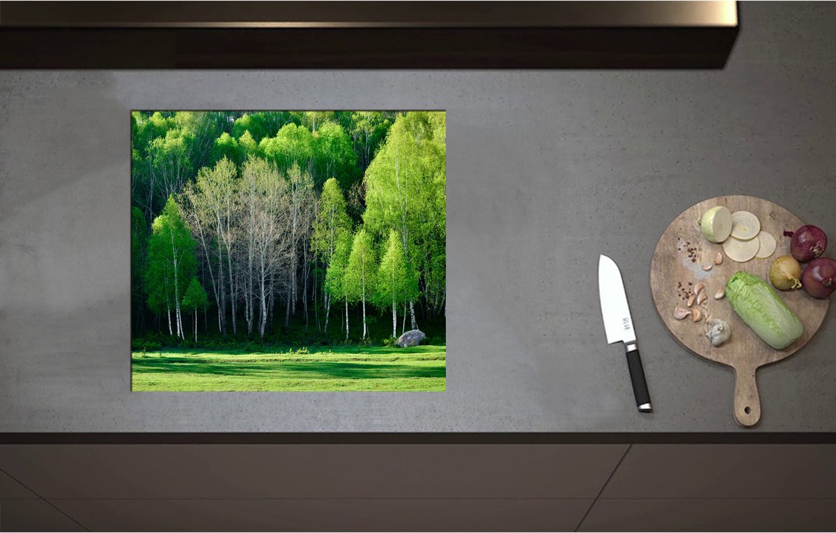 Inductieplaat Beschermer - Aan de Rand van Bos Vol Felgroene Bomen - 57x51 cm - 2 mm Dik - Inductie Beschermer - Bescherming Inductiekookplaat - Kookplaat Beschermer van Wit Vinyl