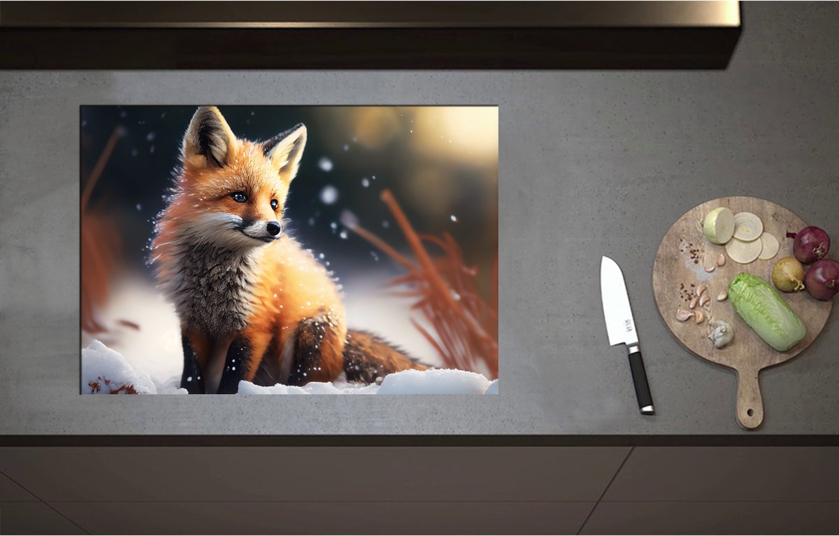 Inductieplaat Beschermer - Aandoenlijk Klein Vosje in de Sneeuw - 75x52 cm - 2 mm Dik - Inductie Beschermer - Bescherming Inductiekookplaat - Kookplaat Beschermer van Wit Vinyl