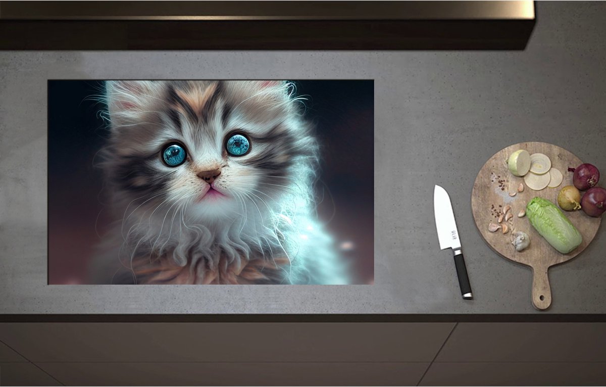Inductieplaat Beschermer - Aandoenlijke Kitten met Helder Blauwe Magische Ogen - 80x51 cm - 2 mm Dik - Inductie Beschermer - Bescherming Inductiekookplaat - Kookplaat Beschermer van Wit Vinyl