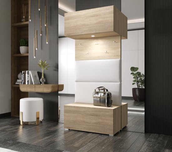 Kledingkast - Halmeubel - Schoenenkast - 5 hangers - Planken - Sonoma kleur + Wit gestoffeerde panelen
