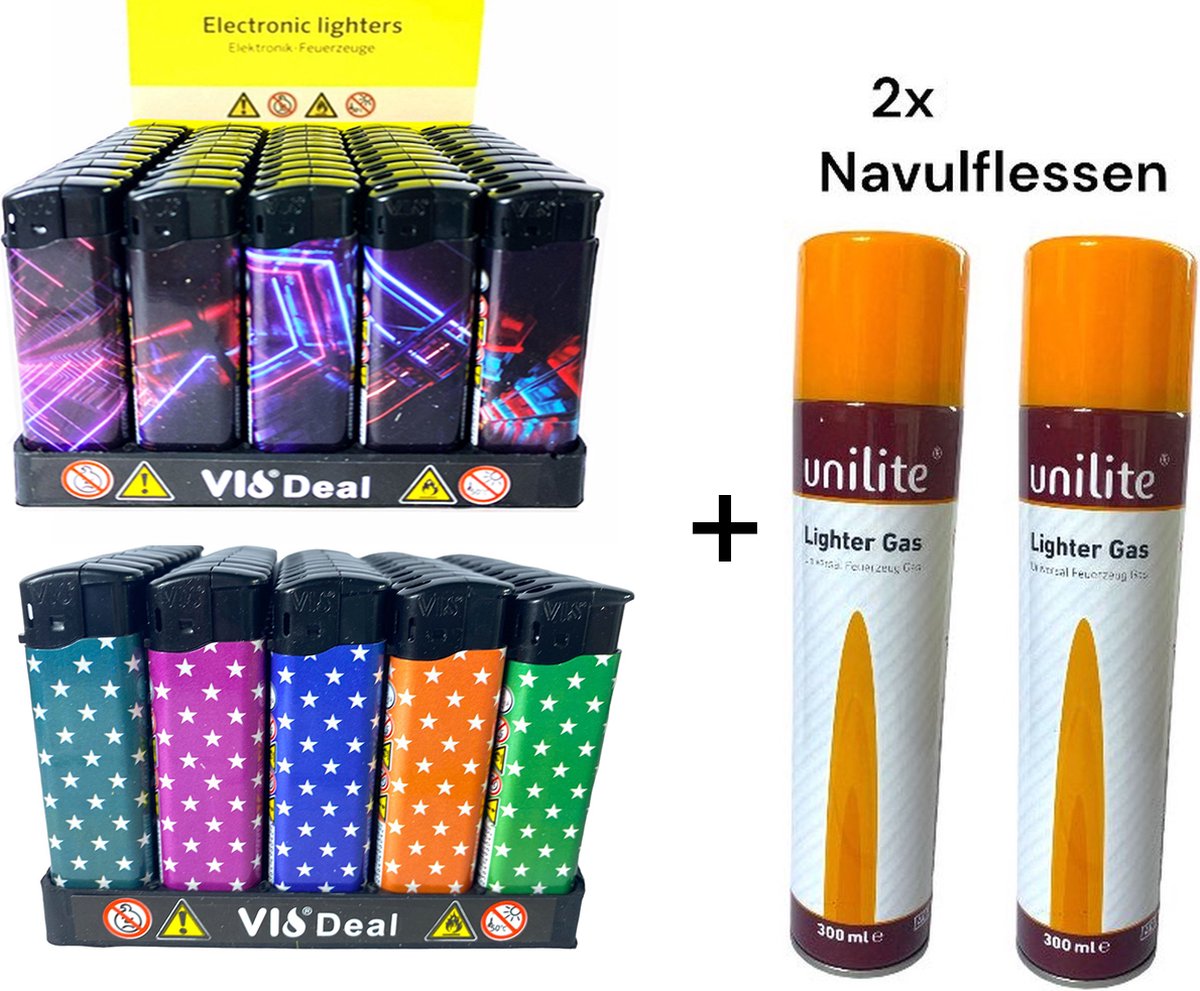 Goedkoopste 100x Navulbaar aanstekers - Unilite - Hoge kwaliteit klik aansteker - met schildpadden en oceaan print - met 2x gasflessen