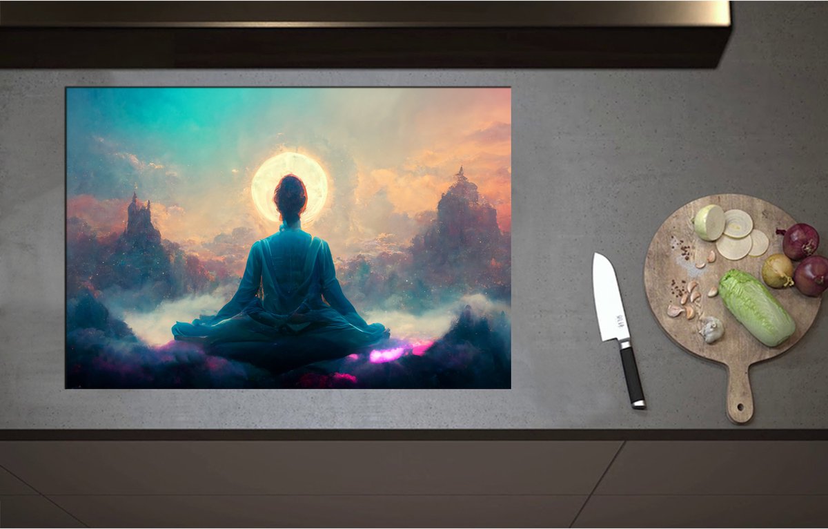 Inductieplaat Beschermer - Achteraanzicht van Biddende Vrouw naar Horizon - 80x55 cm - 2 mm Dik - Inductie Beschermer - Bescherming Inductiekookplaat - Kookplaat Beschermer van Zwart Vinyl