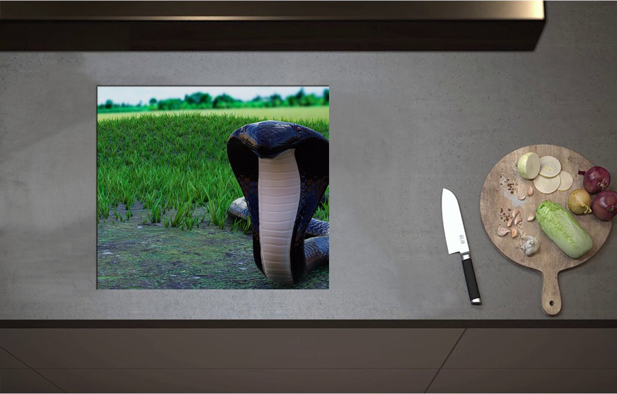 Inductieplaat Beschermer - Aanvallende Zwarte Cobra Slang bij Groenkleurig Grasveld - 57x50 cm - 2 mm Dik - Inductie Beschermer - Bescherming Inductiekookplaat - Kookplaat Beschermer van Wit Vinyl