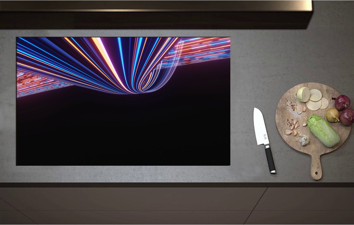 Inductieplaat Beschermer - Abstracte Neonkleurige Lijnen - 90x55 cm - 2 mm Dik - Inductie Beschermer - Bescherming Inductiekookplaat - Kookplaat Beschermer van Wit Vinyl