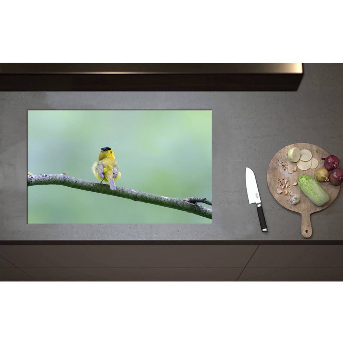 Inductieplaat Beschermer - Achteraanzicht van Zingend Geel Wilsons Vogeltje op een Tak - 80x50 cm - 2 mm Dik - Inductie Beschermer - Bescherming Inductiekookplaat - Kookplaat Beschermer van Zwart Vinyl
