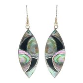 Behave Oorbellen - oorhangers- abalone schelp - zilver kleur - zwart - multi - 7 cm