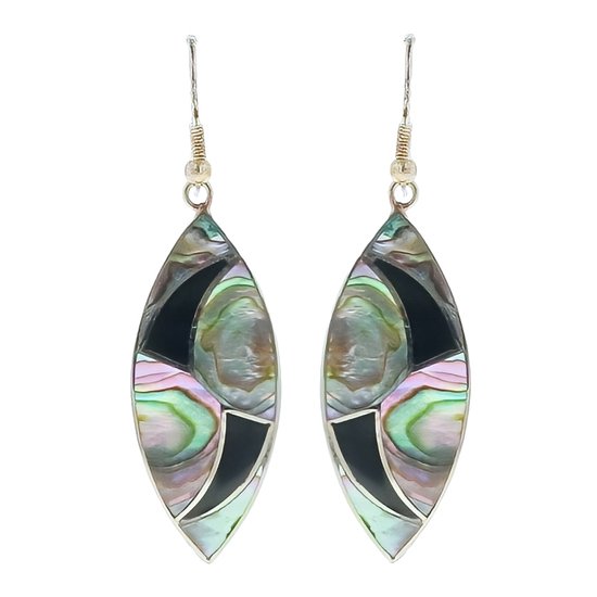 Behave Oorbellen - oorhangers- abalone schelp - zilver kleur - zwart - multi - 7 cm