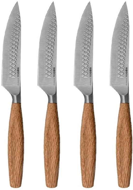 Boska Steakmessen / Steakmessenset Oslo+ - 4 Stuks - RVS - Voor vlees en vega - Non-stick - Europees eikenhout