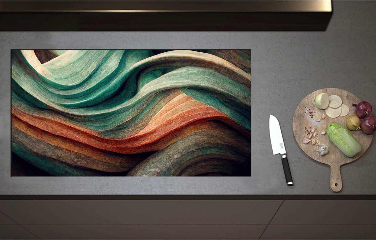 Inductieplaat Beschermer - Abstracte Golvende Vormen in Verschillende Kleuren - 95x51 cm - 2 mm Dik - Inductie Beschermer - Bescherming Inductiekookplaat - Kookplaat Beschermer van Zwart Vinyl