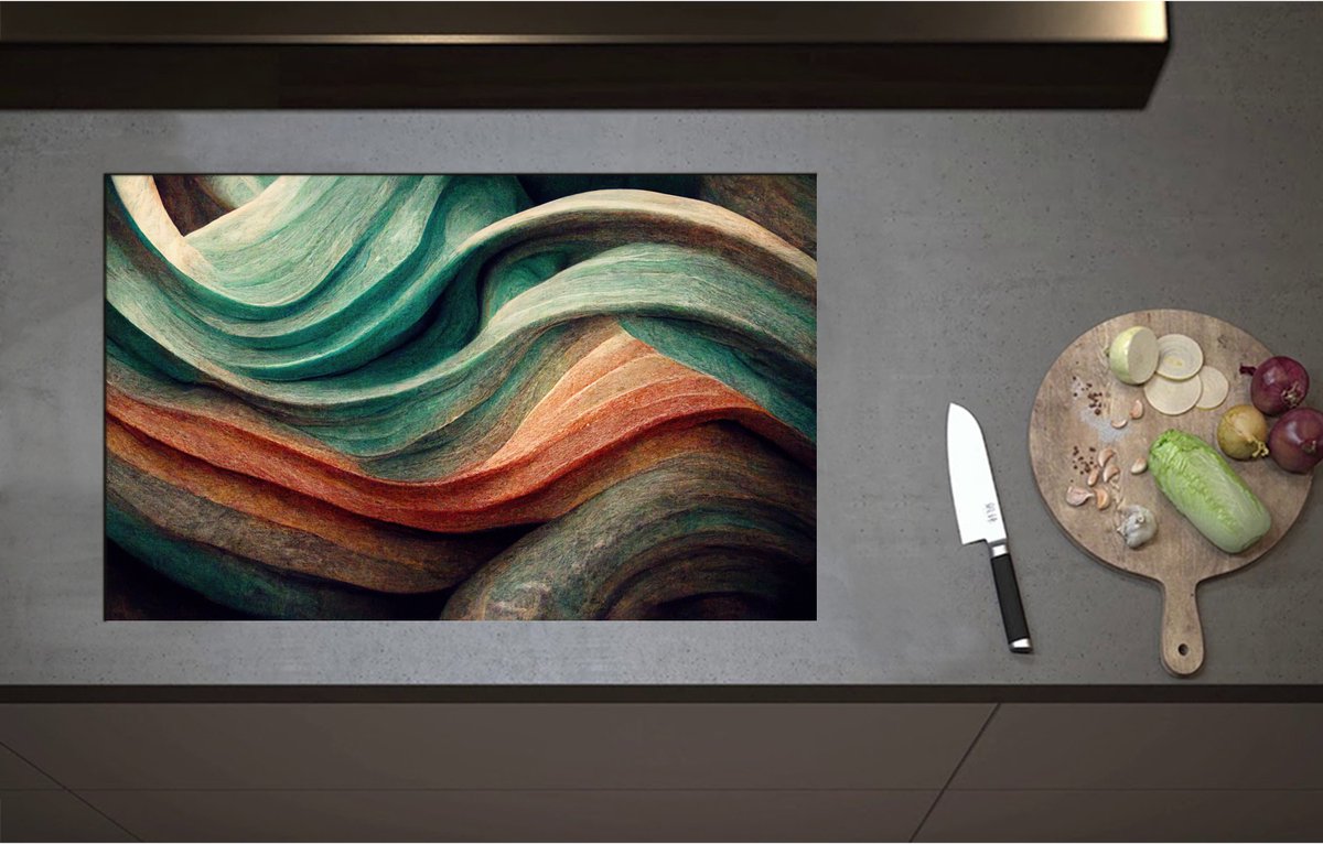 Inductieplaat Beschermer - Abstracte Golvende Vormen in Verschillende Kleuren - 85x51 cm - 2 mm Dik - Inductie Beschermer - Bescherming Inductiekookplaat - Kookplaat Beschermer van Zwart Vinyl