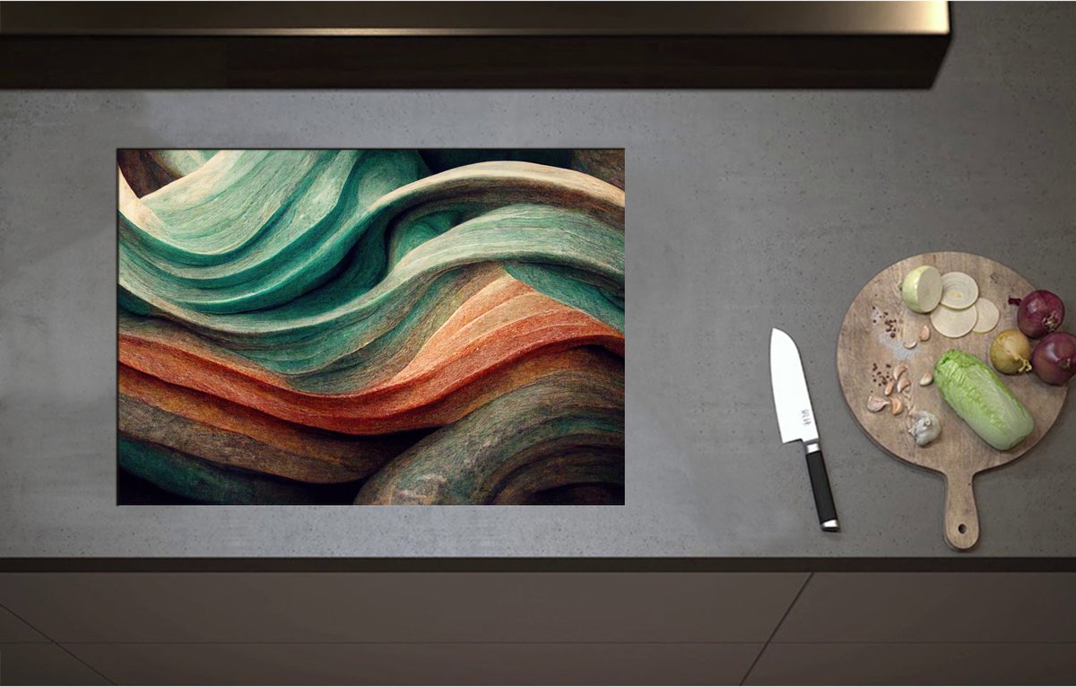 Inductieplaat Beschermer - Abstracte Golvende Vormen in Verschillende Kleuren - 71x50 cm - 2 mm Dik - Inductie Beschermer - Bescherming Inductiekookplaat - Kookplaat Beschermer van Zwart Vinyl