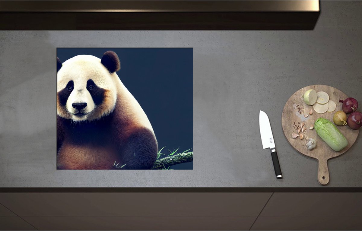 Inductieplaat Beschermer - Aankijkende Mollige Panda op Tak - 57x51 cm - 2 mm Dik - Inductie Beschermer - Bescherming Inductiekookplaat - Kookplaat Beschermer van Zwart Vinyl