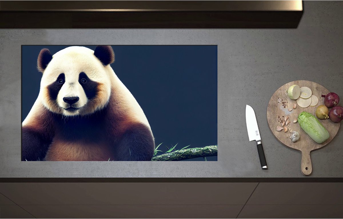 Inductieplaat Beschermer - Aankijkende Mollige Panda op Tak - 85x51 cm - 2 mm Dik - Inductie Beschermer - Bescherming Inductiekookplaat - Kookplaat Beschermer van Zwart Vinyl