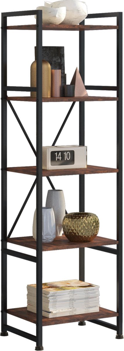 tectake® - Wandkast boekenkast met 5 planken en stalen frame voor boeken, bloemen, ornamenten, industriële stelling voor woonkamermeubilair, kantooropslag, slaapkamer - donkerbruin