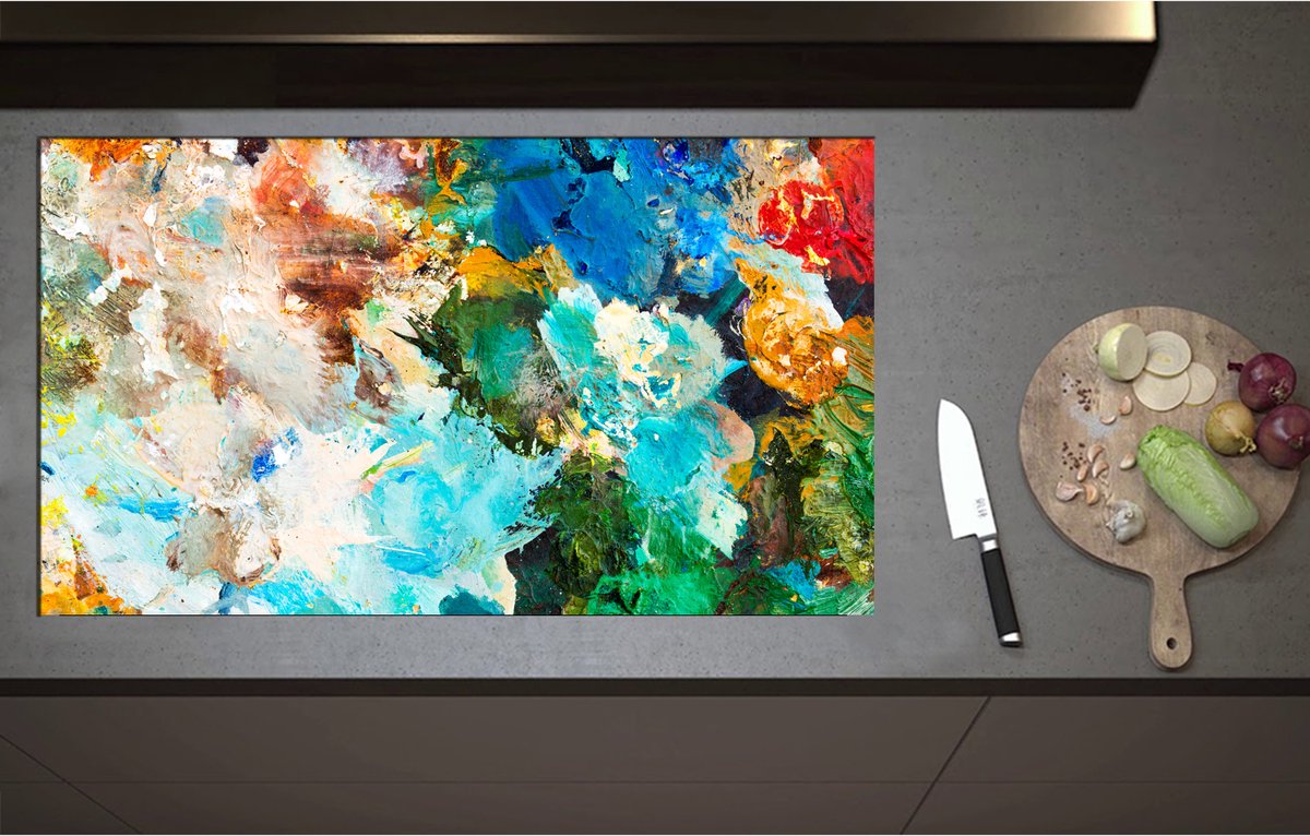 Inductieplaat Beschermer - Abstrcat Kunstwerk van Verschillende Kleuren Verf op Schilderij - 95x55 cm - 2 mm Dik - Inductie Beschermer - Bescherming Inductiekookplaat - Kookplaat Beschermer van Zwart Vinyl