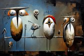 JJ-Art (Aluminium) 120x80 | Vogels op een tak, abstract surrealisme, Joan Miro stijl, humor, kunst | boom, dier, vogel, uil, rood, bruin, blauw, modern | foto-schilderij op dibond, metaal wanddecoratie