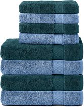 Ensemble de serviettes Komfortec - Set de 8 - 4x serviette 50x100 cm et 4x serviette de bain 70x140 cm - 100% Katoen - Bleu pétrole et bleu clair