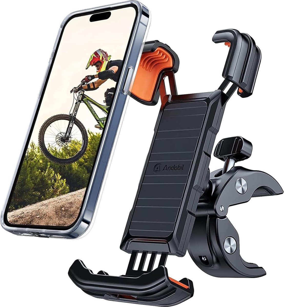 Mobiele telefoonhouder voor op het stuur (2024 uitstekende bescherming), patentdesign, 1s snelspanner, robuuste telefoonhouder voor motorfiets, 360°