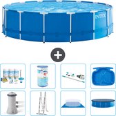 Intex Rond Frame Zwembad - 457 x 122 cm - Blauw - Inclusief Pomp - Ladder - Grondzeil - Afdekzeil Onderhoudspakket - Filter - Stofzuiger - Voetenbad