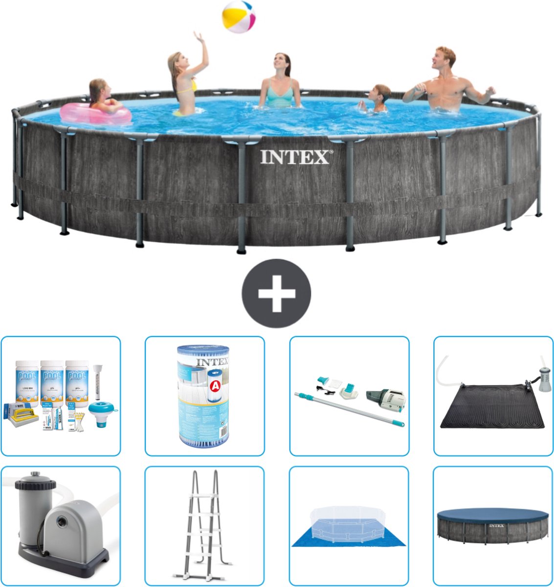 Intex Rond Prism Frame Greywood Zwembad - 549 x 122 cm - Inclusief Pomp - Ladder - Grondzeil - Afdekzeil Onderhoudspakket - Filter - Stofzuiger - Solar Mat