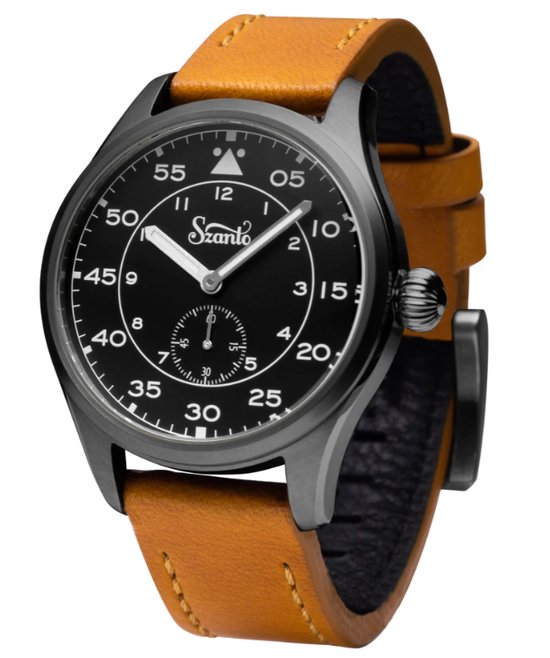 Szanto Heritage Aviator - montre - bijoux - bracelet cuir marron - plaque de lecture noire - compteur des secondes Miyota 1L45 - 41 mm - acier inoxydable 316L acier inoxydable