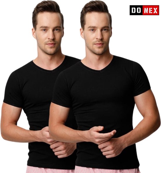 2 Pack DONEX® t-shirt - V hals - 100% Katoen - Zwart - Maat XXL