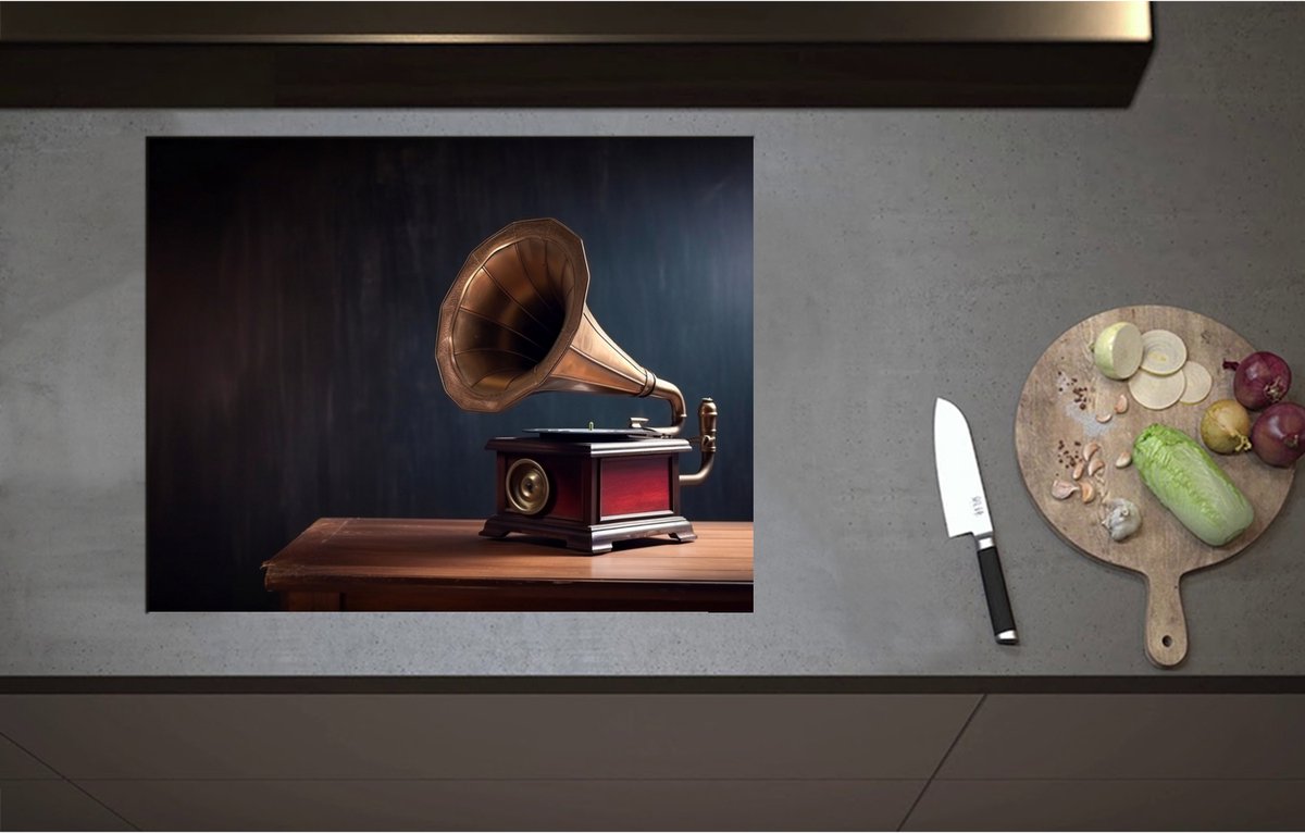 Inductieplaat Beschermer - Antieke Grammofoon op Kast - 70x55 cm - 2 mm Dik - Inductie Beschermer - Bescherming Inductiekookplaat - Kookplaat Beschermer van Zwart Vinyl
