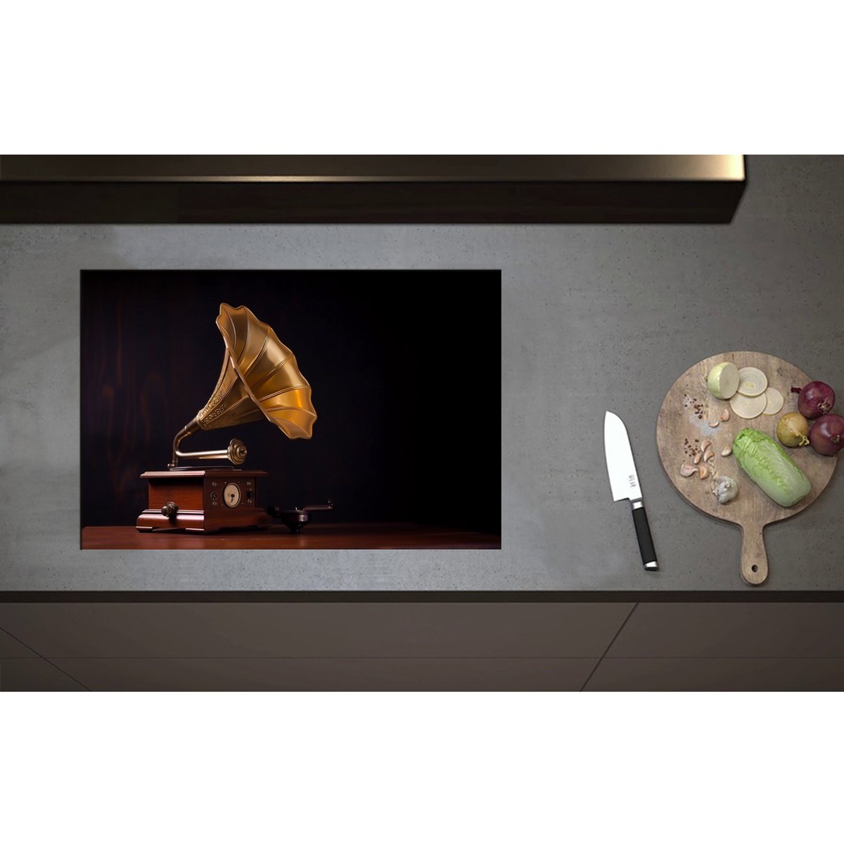 Inductieplaat Beschermer - Antieke Grammofoon - 75x50 cm - 2 mm Dik - Inductie Beschermer - Bescherming Inductiekookplaat - Kookplaat Beschermer van Wit Vinyl
