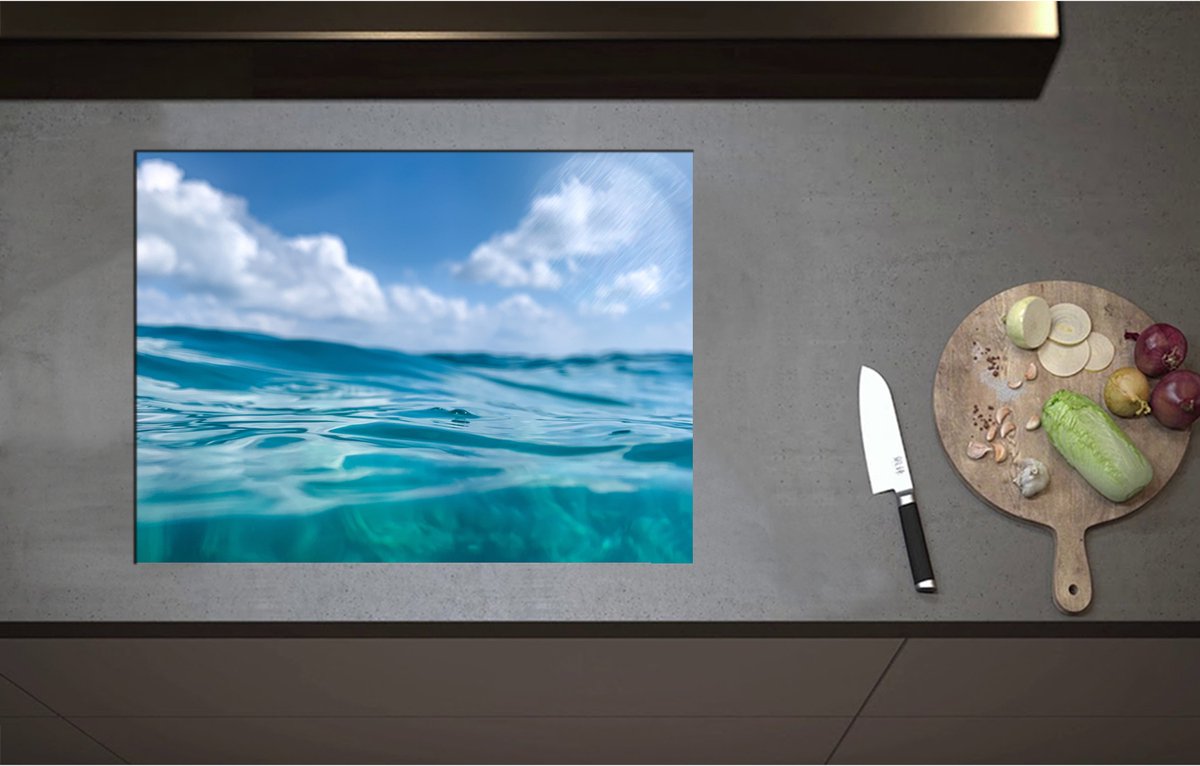 Inductieplaat Beschermer - Abstract uitzicht van de Blauwe Oceaan - 70x52 cm - 2 mm Dik - Inductie Beschermer - Bescherming Inductiekookplaat - Kookplaat Beschermer van Wit Vinyl