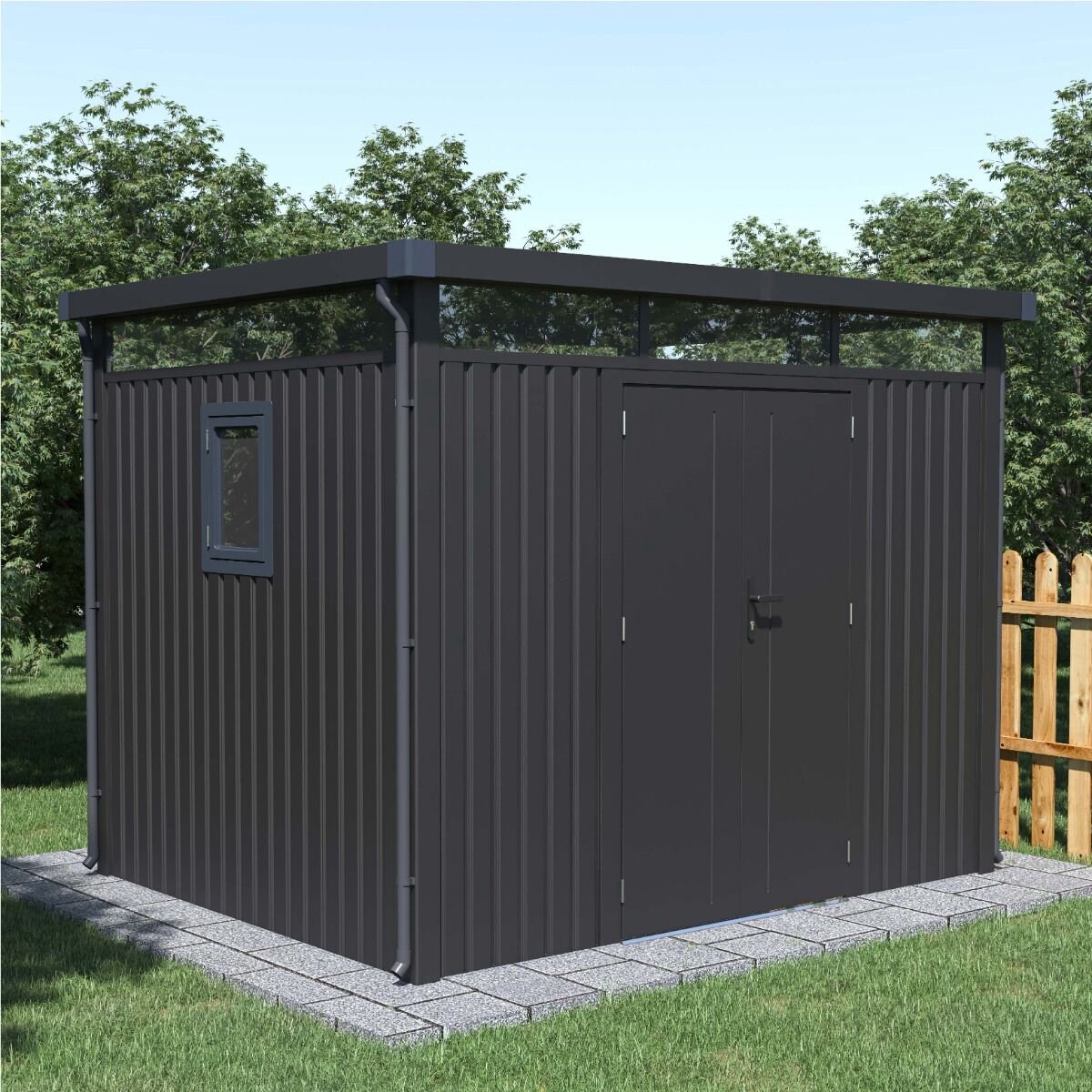 Rockford Lagos 200 metalen tuinhuis Tuinschuur met centraal slot polycarbonaat ramen en regenpijp 294 x 230 x 222 cm Antraciet