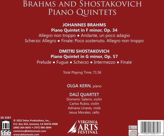 CD-hoes met de titels "BRAHMS AND SHOSTAKOVICH PIANO QUINTETS", namen van componisten, werken, pianist Olga Kern en het Dali Quartet, en een speelduur van 71:56.