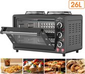 SMH LINE® Camping Oven met 2 kookplaten - 26L - 1400W - Convectie Mini Oven - Geëmailleerde Holte - Hetelucht & Grillfunctie Zwart