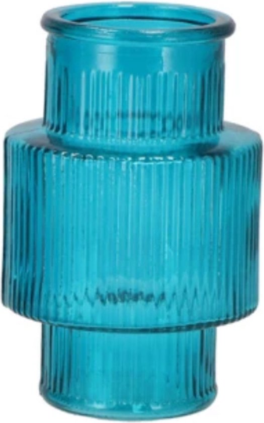 Super vintage beau grand vase en verre turquoise à nervures 20 x 31 cm