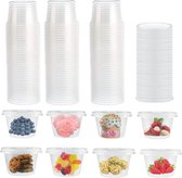 50 stuks plastic bakjes met deksels, BPA-vrije voedselcontainers van 200 ml met deksels, potjes voor saus, lekvrij, kleine plastic potjes voor afhaalmaaltijden, potjes voor dips, gelei