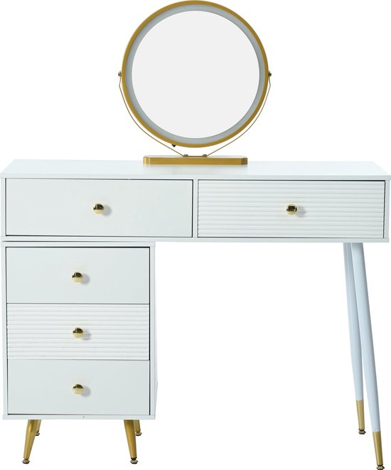 Witte Make-up Vanity Bureau Set met Spiegel Lichten 3 Laden