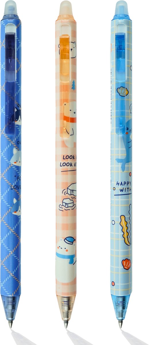 Ainy - Schattige Dieren Uitwisbare Pen - set van 3 blauwe uitgumbare pennen voor in je etui - kawaii balpen | middelbare schoolspullen balpennen
